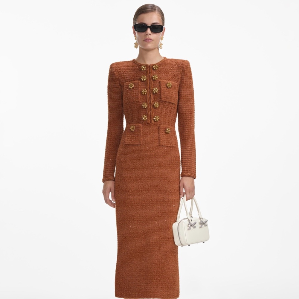 self-portrait Brown Textured Knit Midi Dress Size: Large - MSRP $595 - NWT